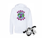 white hoodie hooded sweatshirt with perkis power heavyweights DTG printed design
