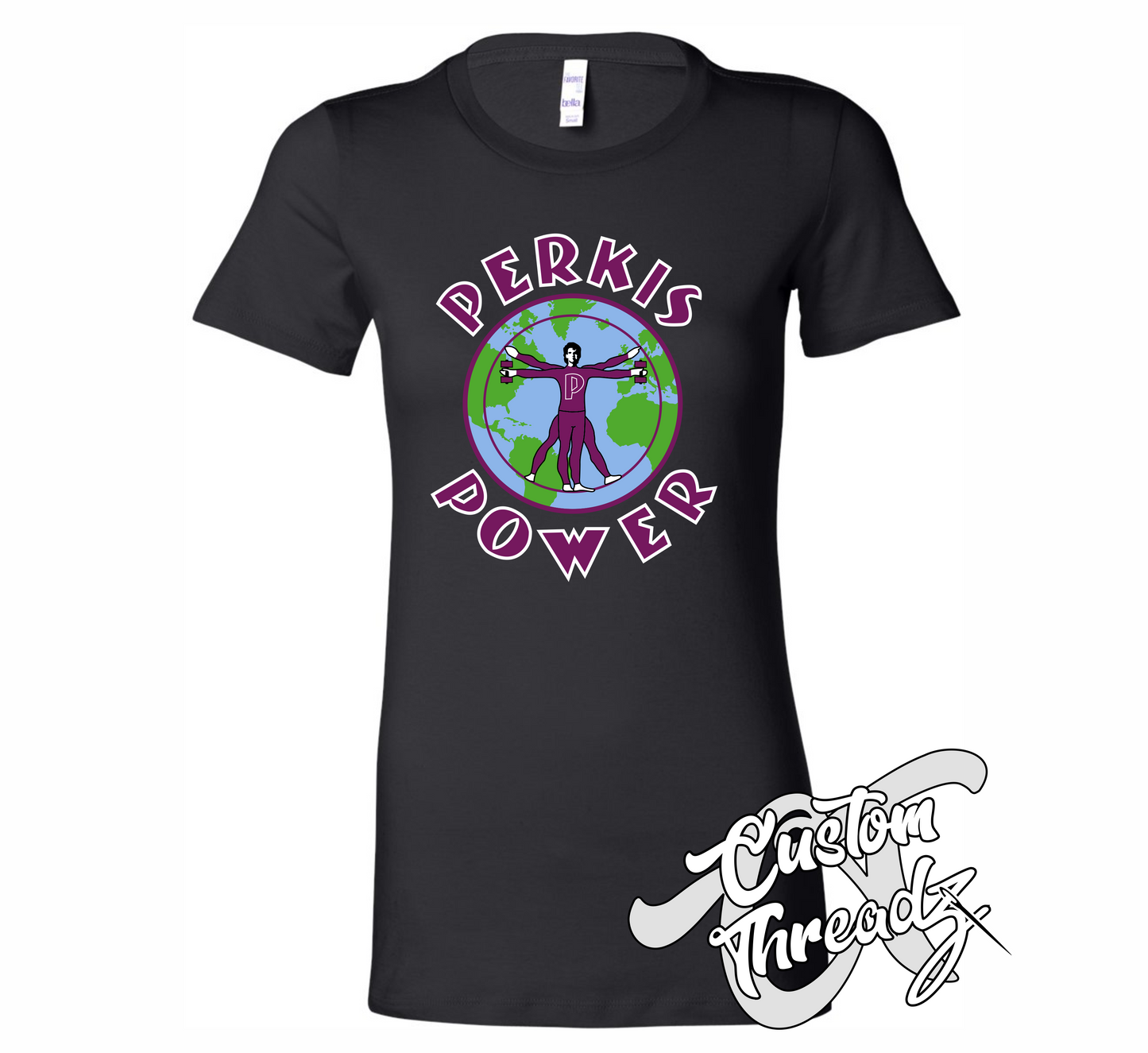 black womens tee with perkis power heavyweights DTG printed design