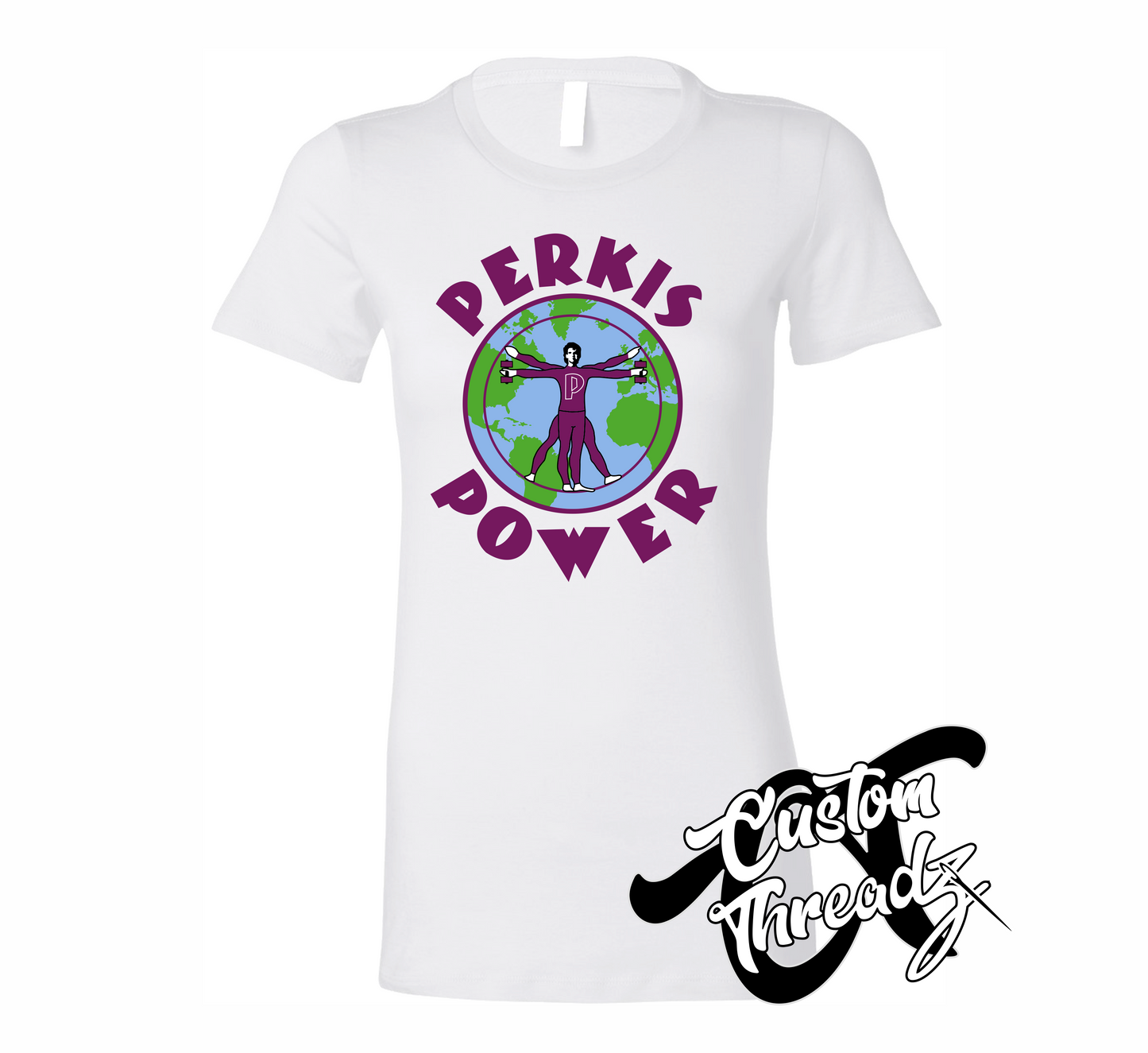 white womens tee with perkis power heavyweights DTG printed design