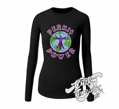 black womens long sleeve tee with perkis power heavyweights DTG printed design