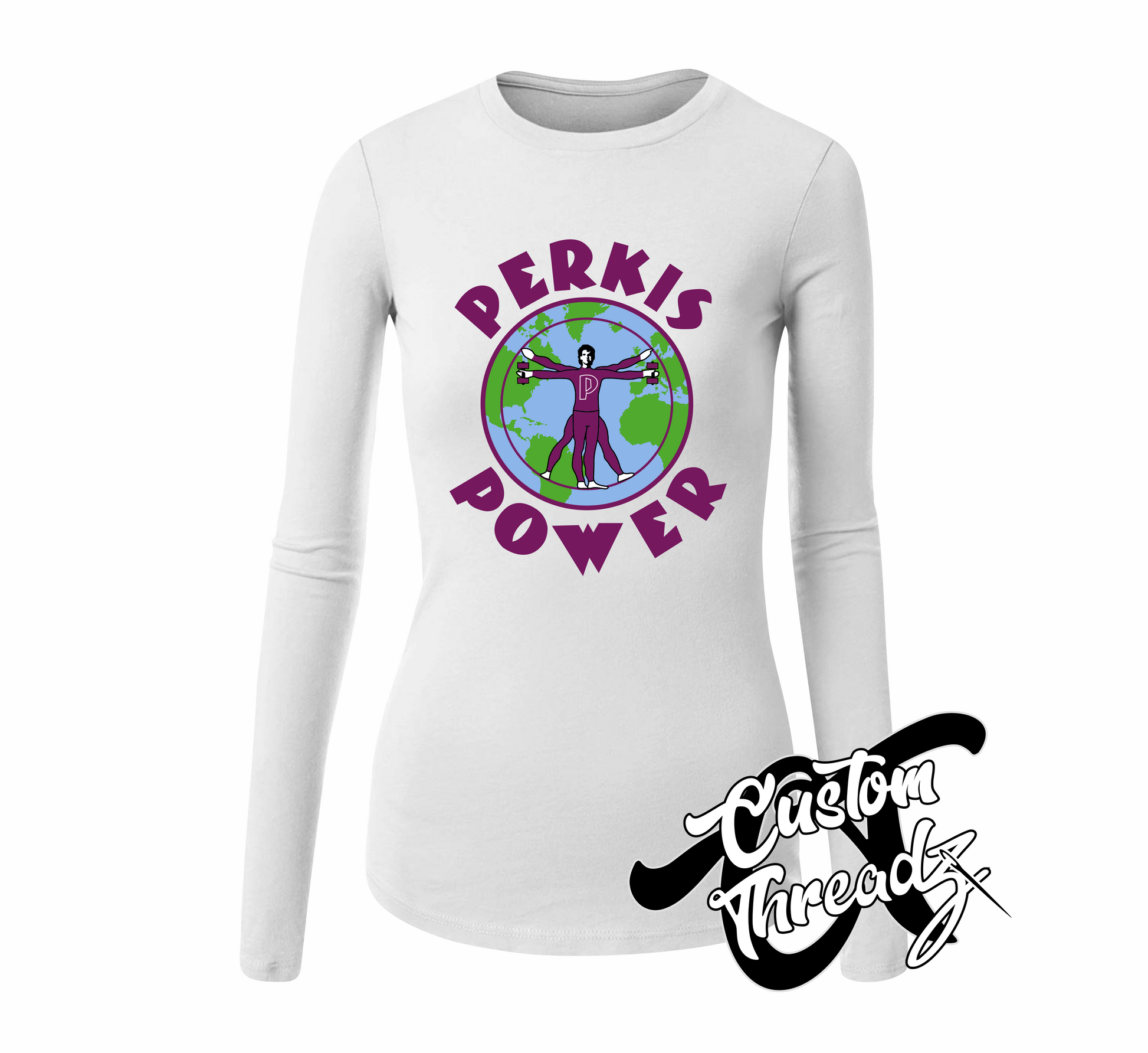 white womens long sleeve tee with perkis power heavyweights DTG printed design