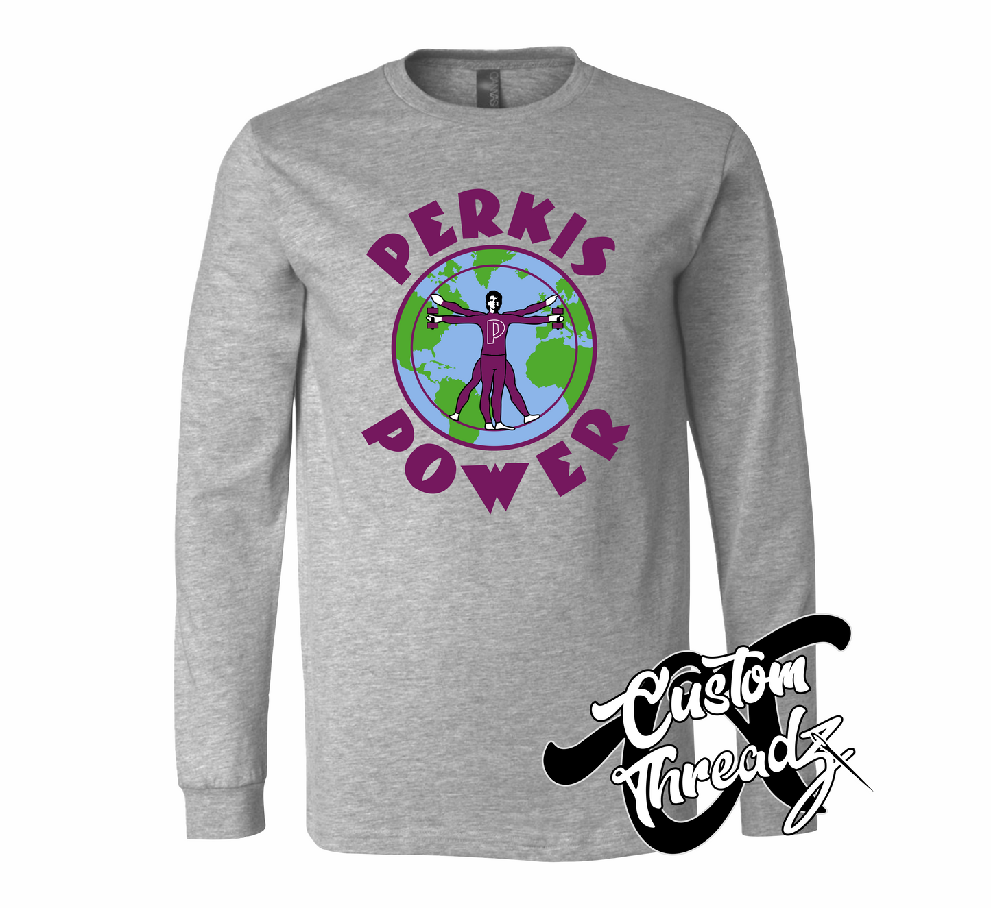 athletic heather grey long sleeve tee with perkis power heavyweights DTG printed design