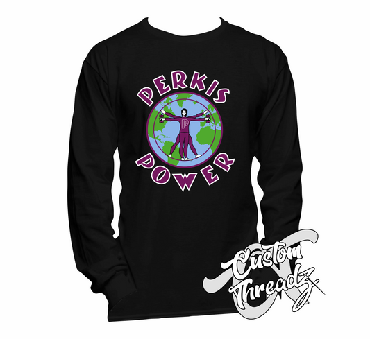 black long sleeve tee with perkis power heavyweights DTG printed design