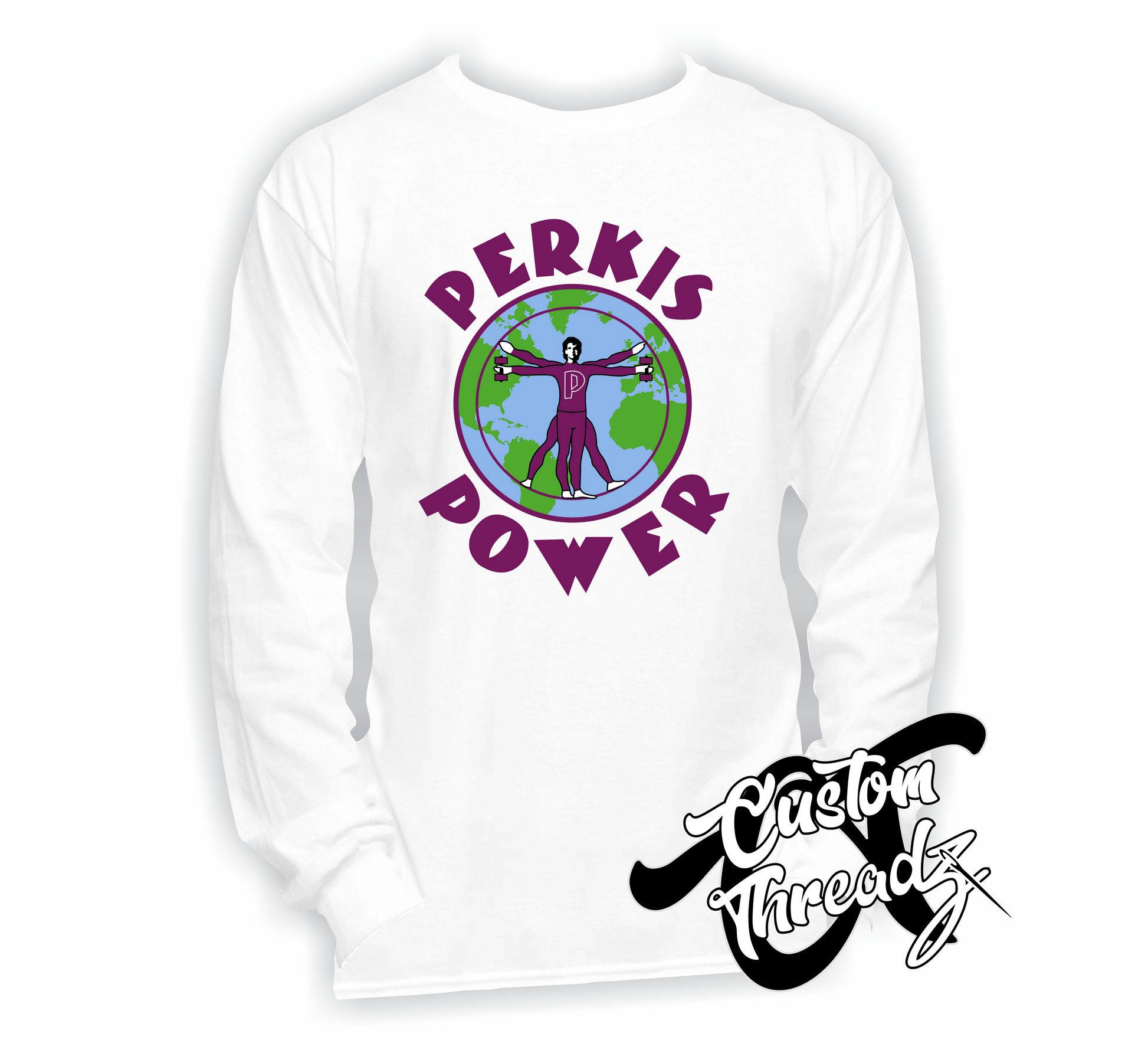 white long sleeve tee with perkis power heavyweights DTG printed design