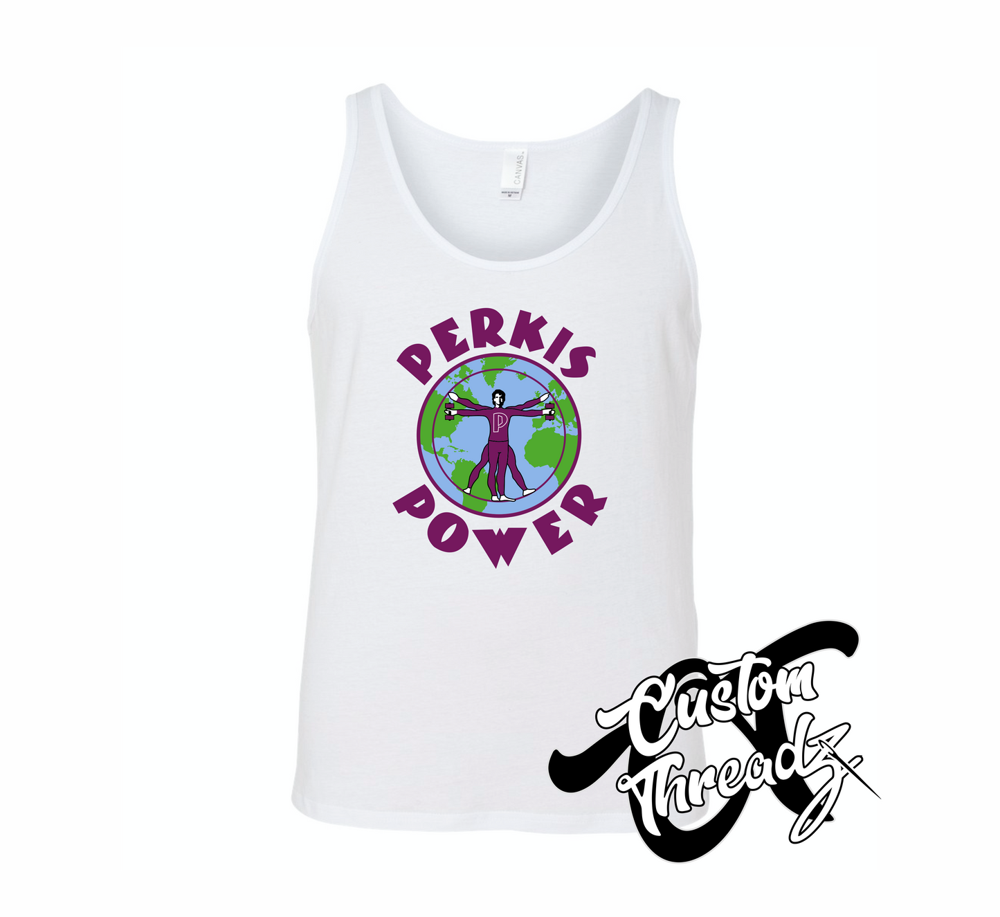 white tank top with perkis power heavyweights DTG printed design