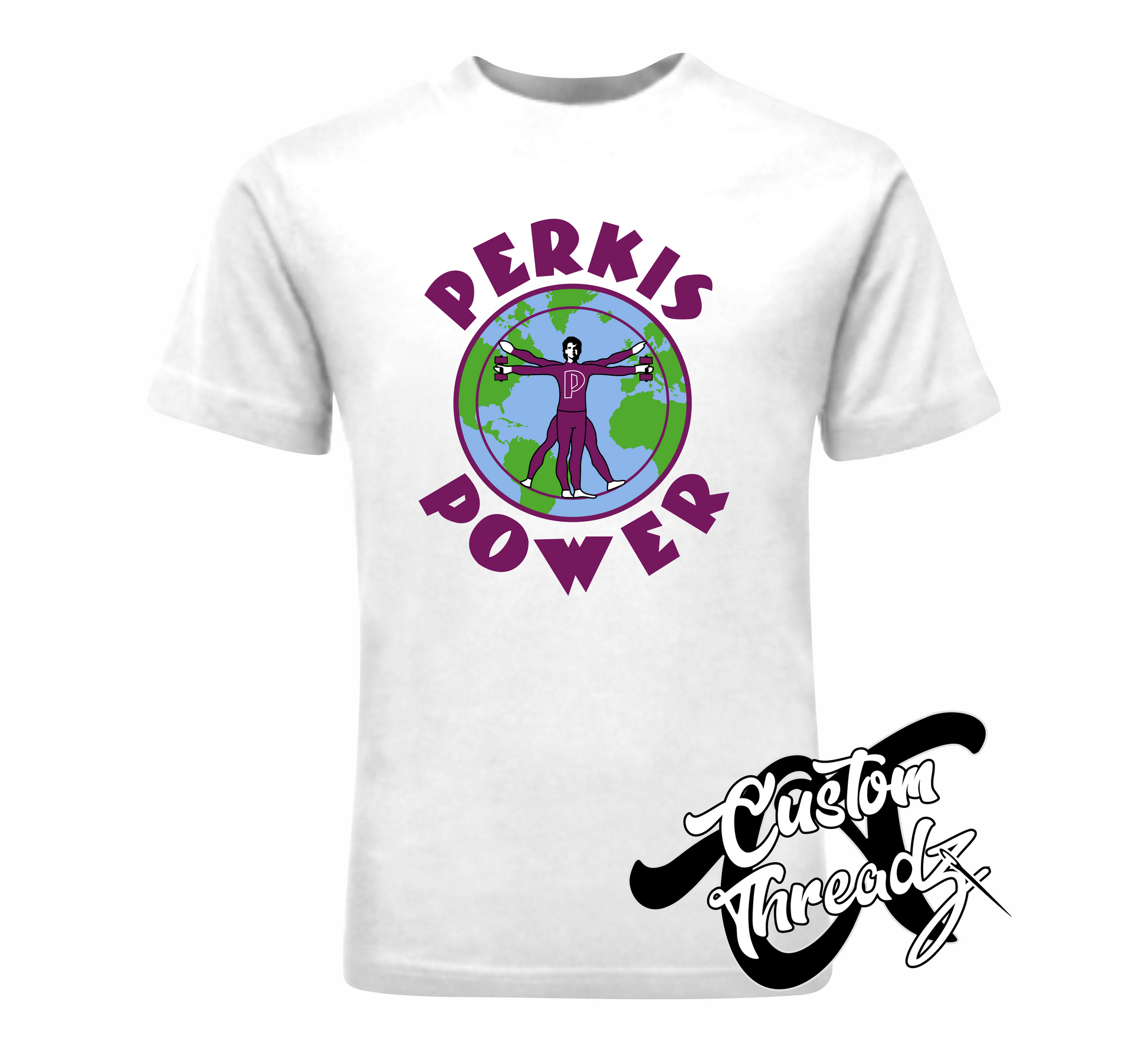 white youth tee with perkis power heavyweights DTG printed design