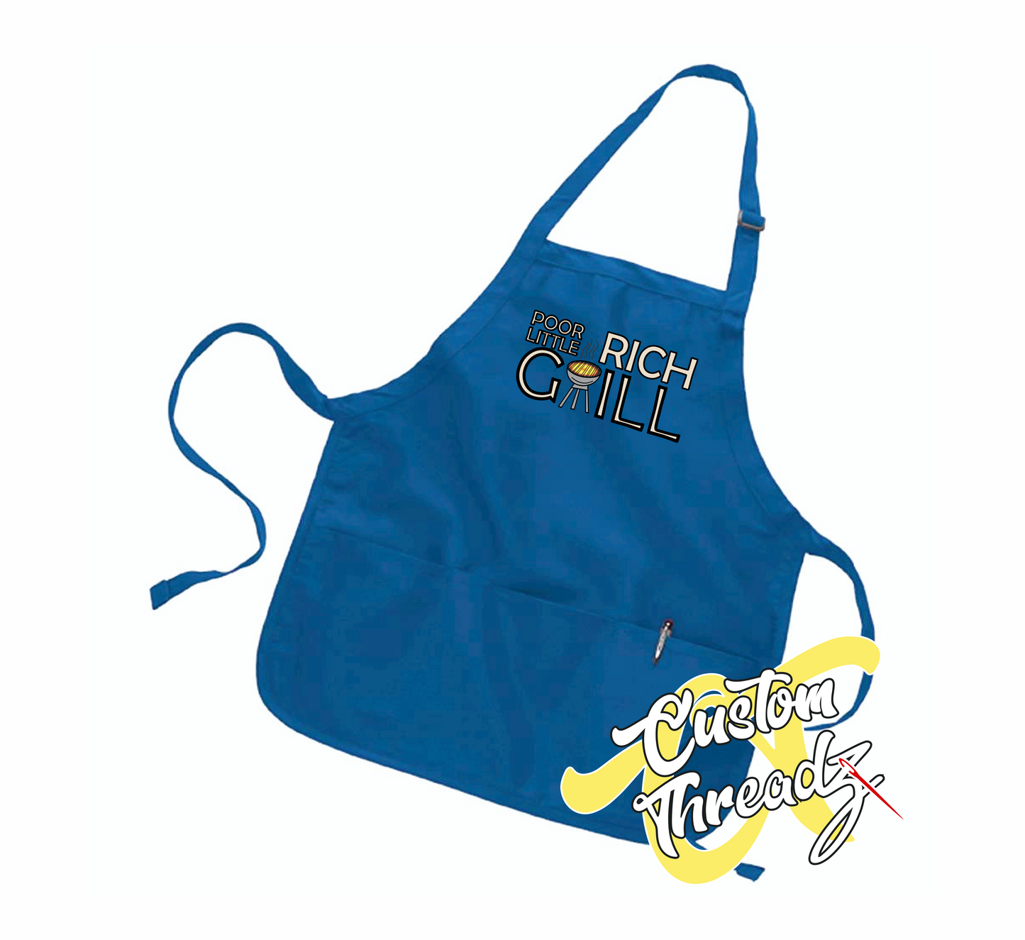 royal blue apron with poor little rich grill schitts creek DTG printed design