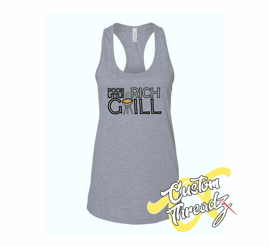 womens athletic heather grey tank top with poor little rich grill schitts creek DTG printed design