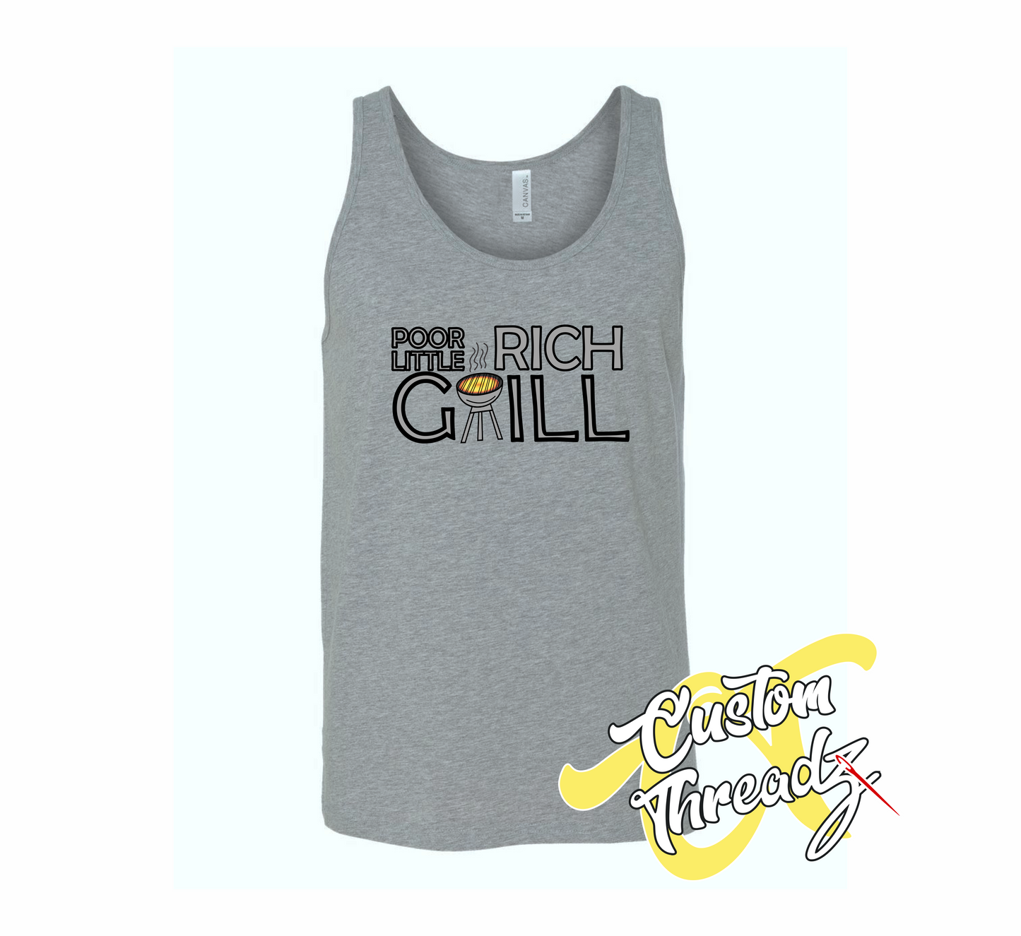 athletic heather grey tank top with poor little rich grill schitts creek DTG printed design