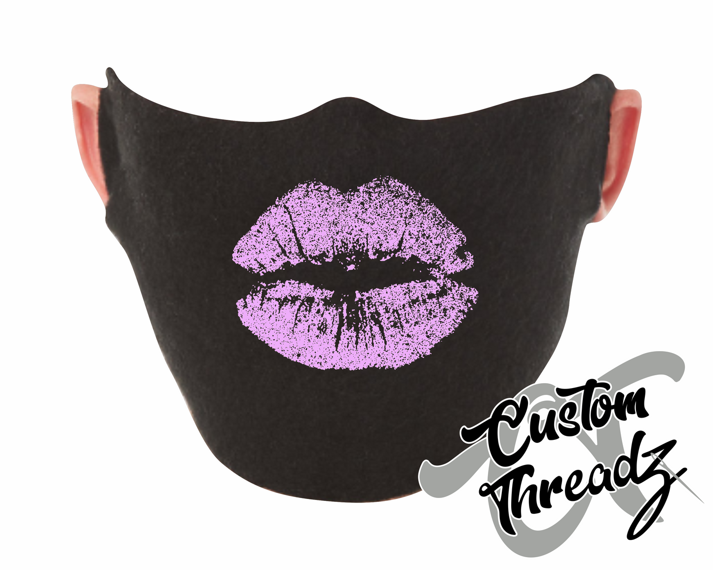 black face mask with lavender lips DTG printed design