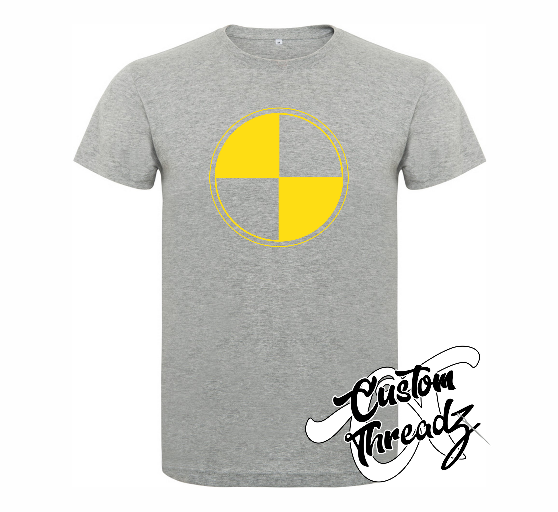 athletic heather grey tee with yellow quarantine symbol DTG printed design
