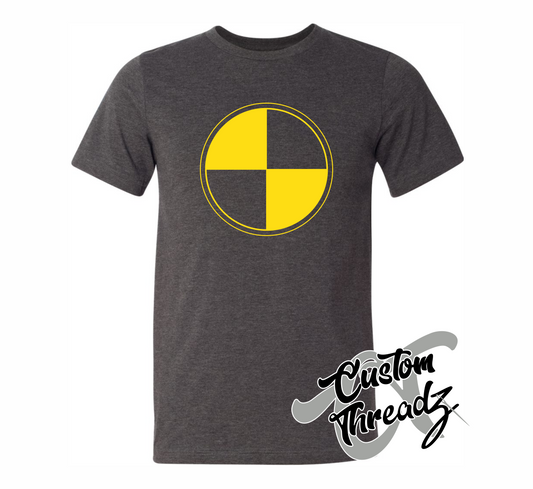 dark grey heather tee with yellow quarantine symbol DTG printed design