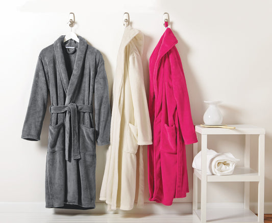 deep smoke marshmallow white pink raspberry port authority plush microfleece shawl collar bath robes hanging