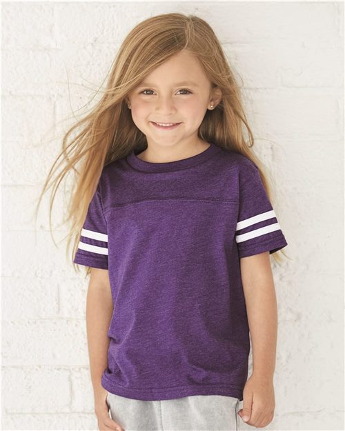 child model wearing rabbit skins toddler football jersey tee in vintage purple white