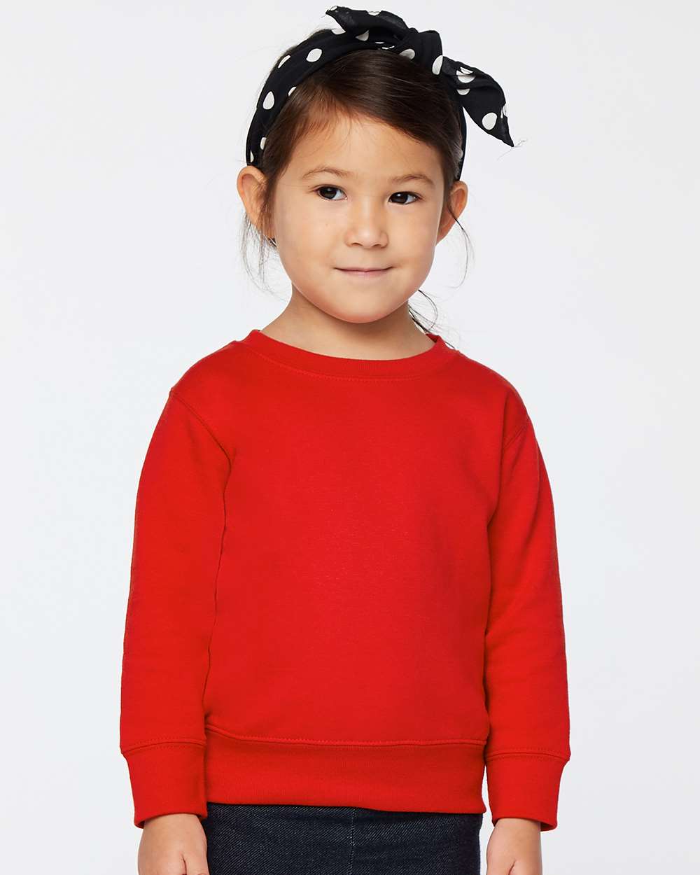 child model wearing rabbit skins toddler fleece crewneck sweatshirt in red
