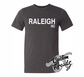 dark grey heather tee with raleigh nc DTG printed design