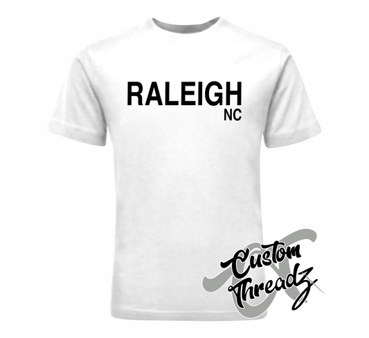 white tee with raleigh nc DTG printed design