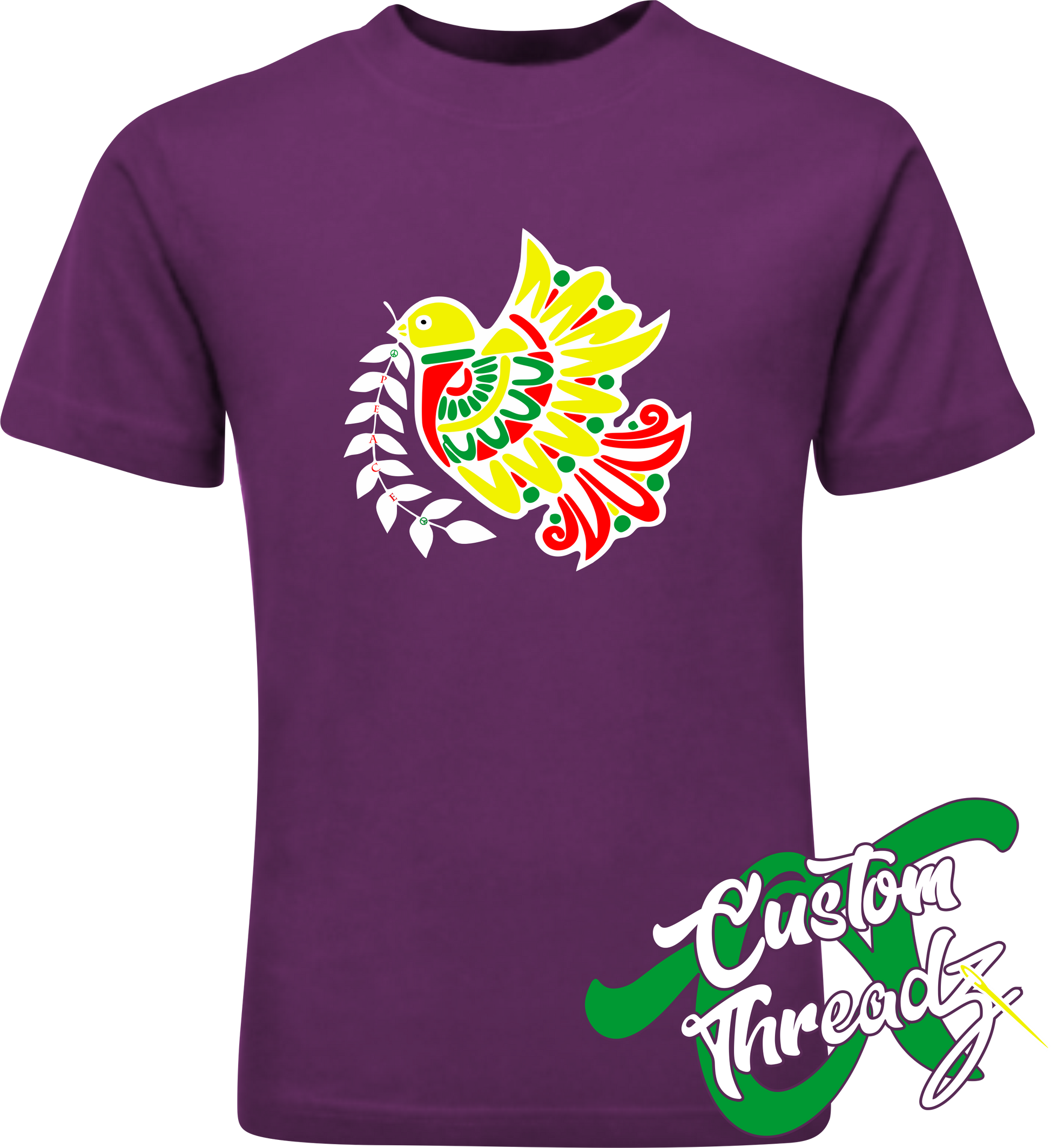 purple youth tee with rasta bird peace DTG printed design