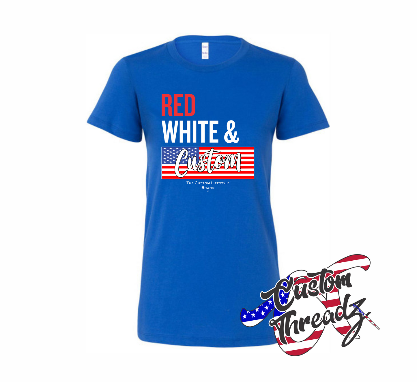 royal blue womens tee with red white and custom american flag DTG printed design