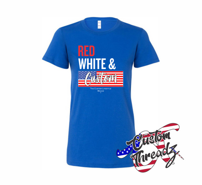 royal blue womens tee with red white and custom american flag DTG printed design