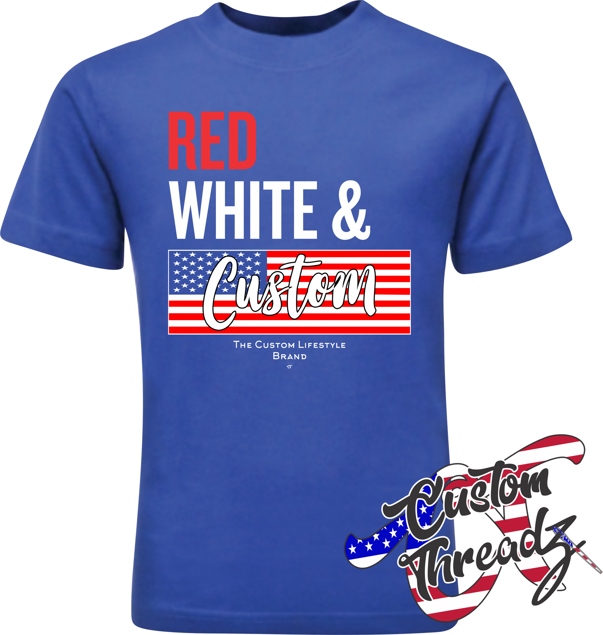 royal blue tee with red white and custom american flag DTG printed design