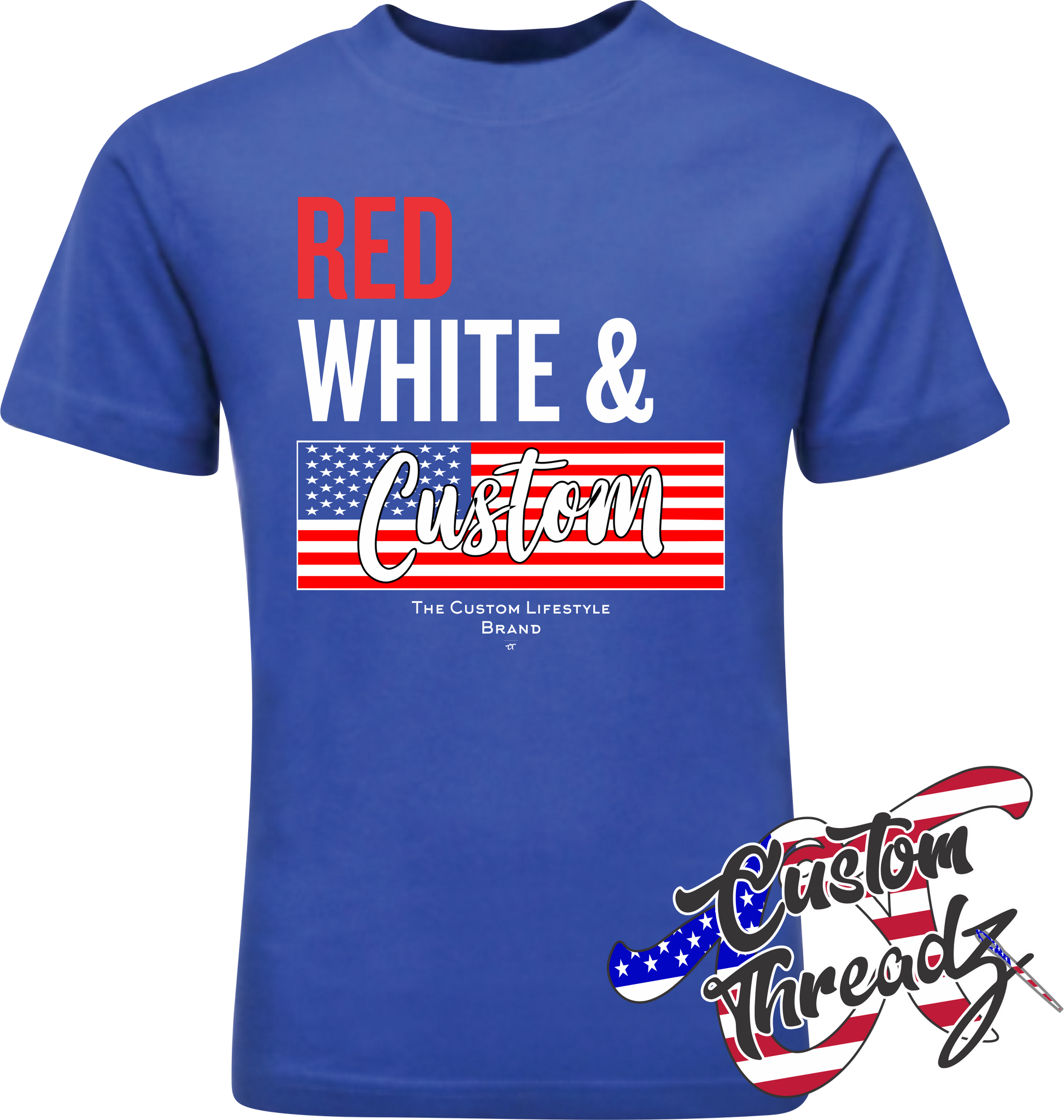 royal blue youth tee with red white and custom american flag DTG printed design