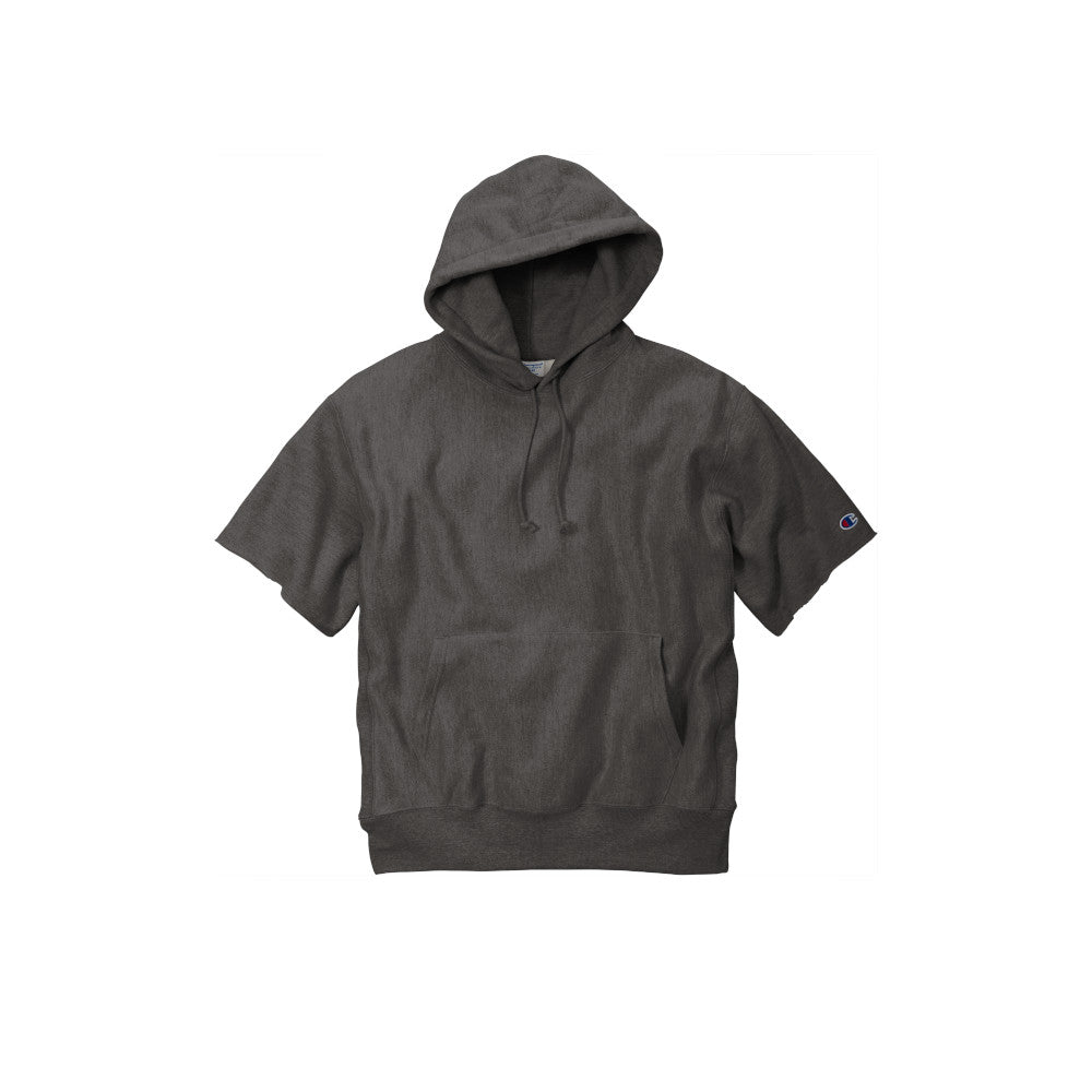 champion reverse weave short sleeve hoodie charcoal heather grey
