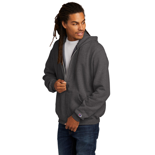 model wearing champion powerblend full-zip hooded sweatshirt in charcoal heather grey