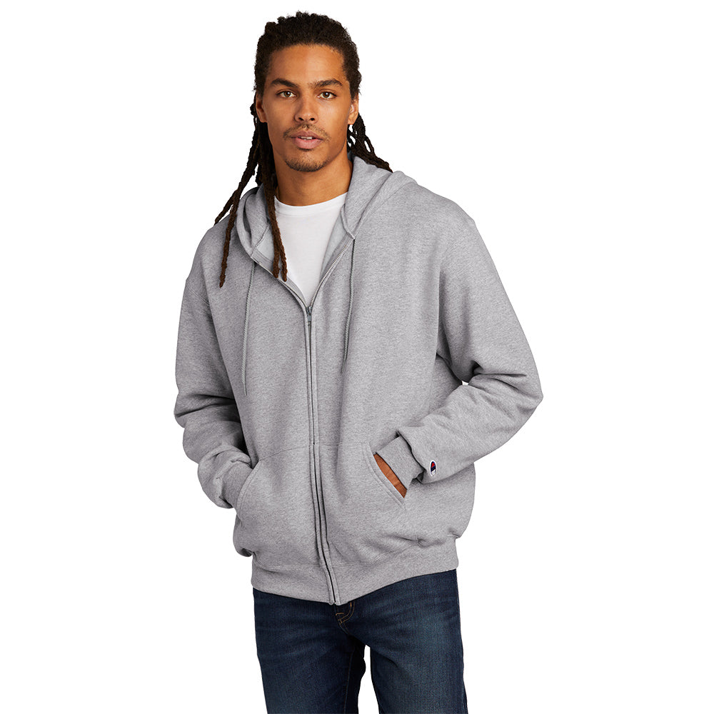 model wearing champion powerblend full-zip hooded sweatshirt in light steel grey