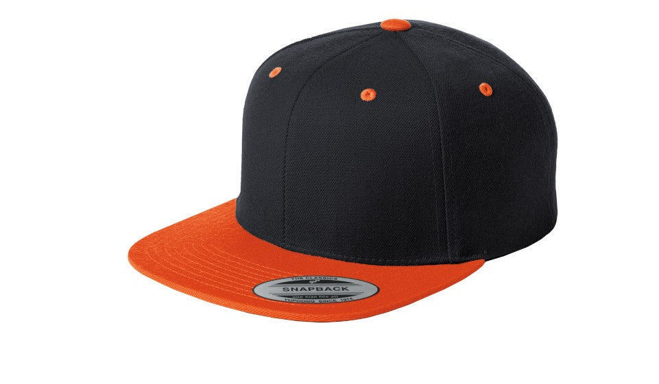 sport-tek yupoong flat bill snapback cap black deep orange
