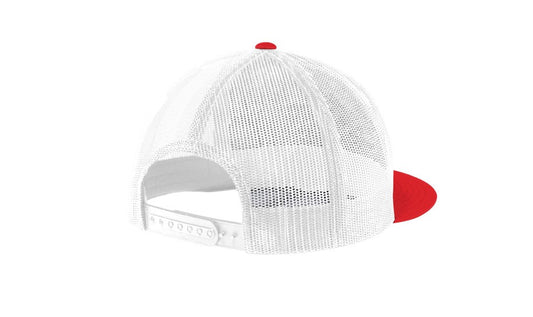 sport-tek yupoong 5-panel classic trucker mesh cap back true red white
