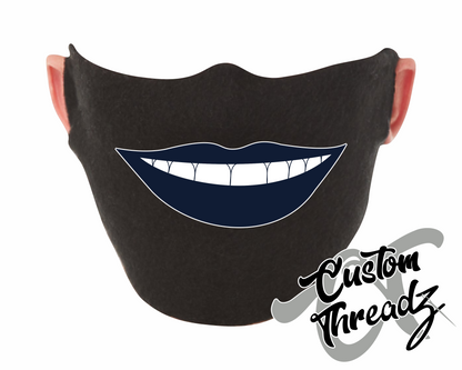 black face mask with say cheese lips smiling showing teeth DTG printed design