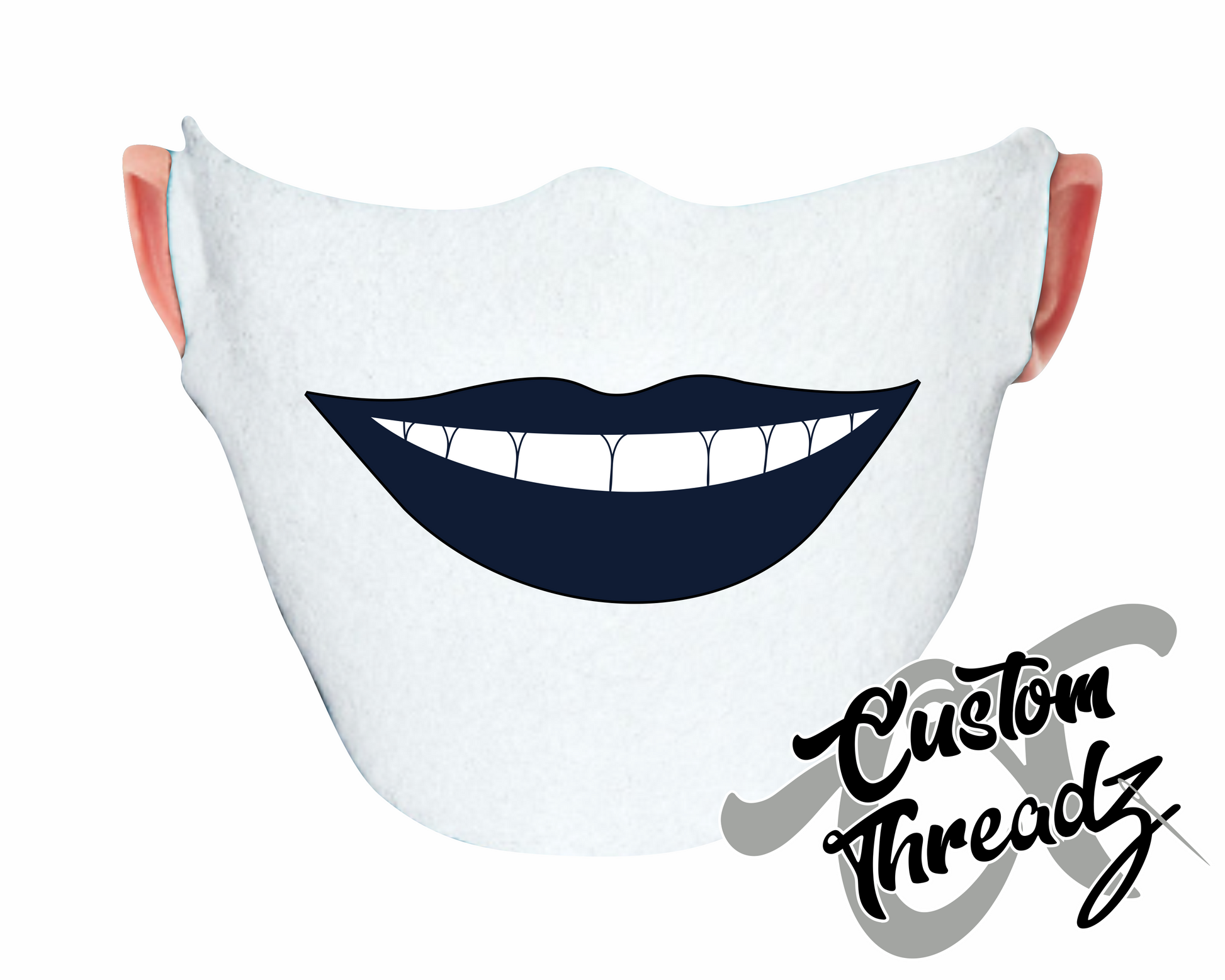 white face mask with say cheese lips smiling showing teeth DTG printed design