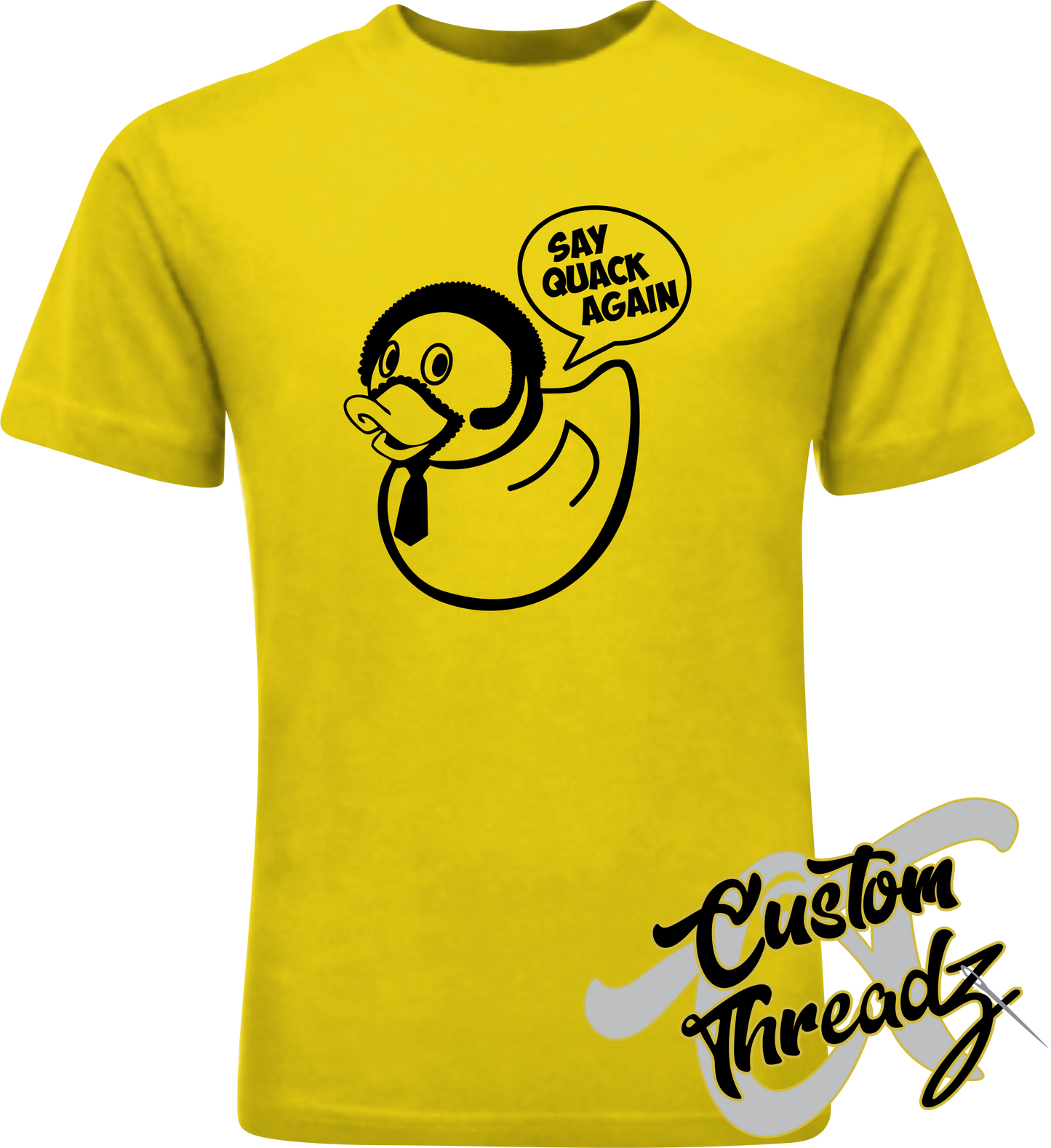 yellow youth tee with say quack again pulp fiction spoof rubber duck DTG printed design
