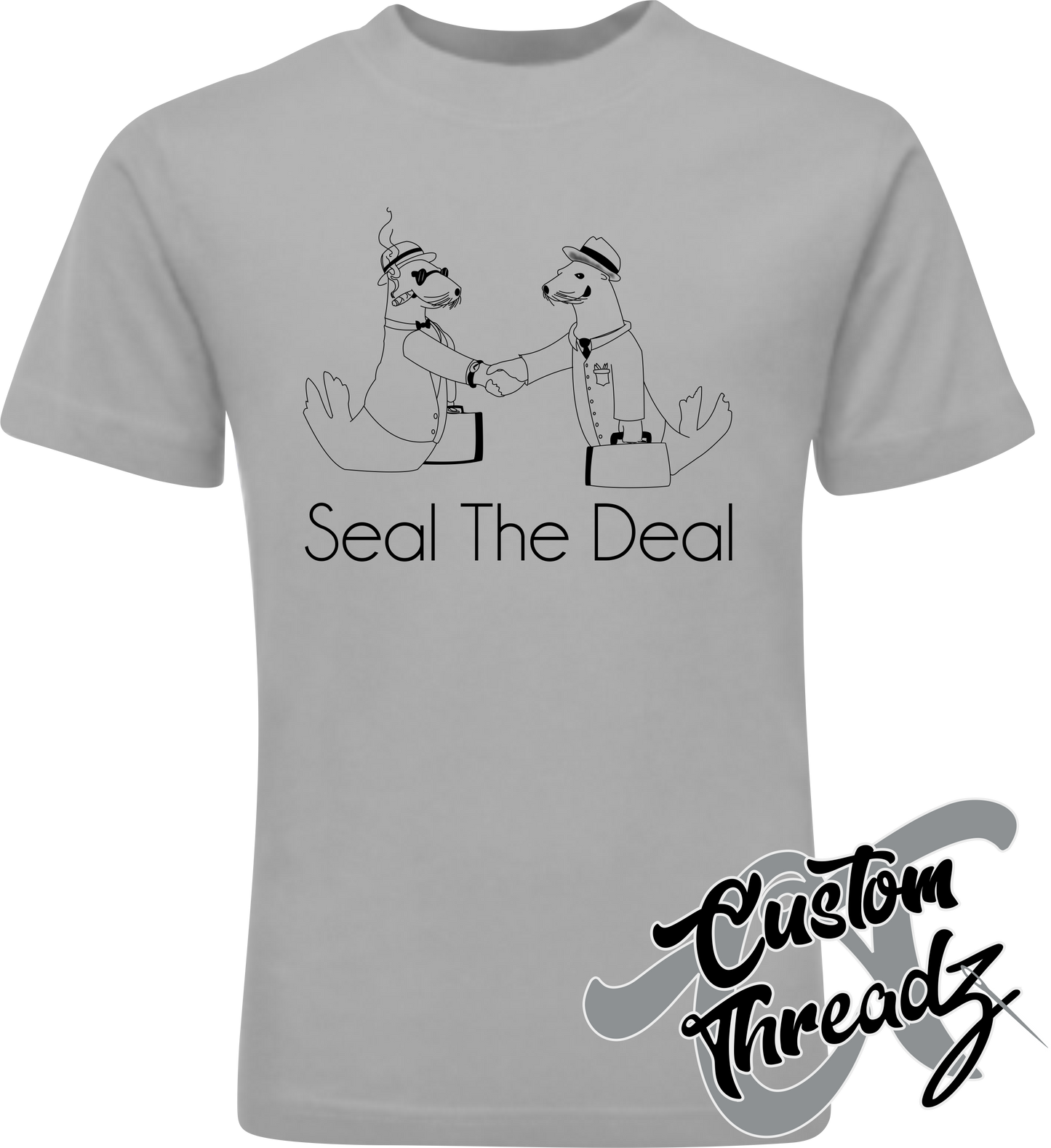 silver tee with seal the deal seals shaking hands business DTG printed design