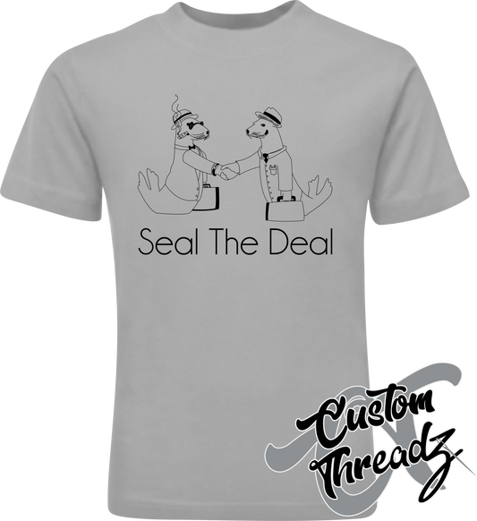 silver tee with seal the deal seals shaking hands business DTG printed design