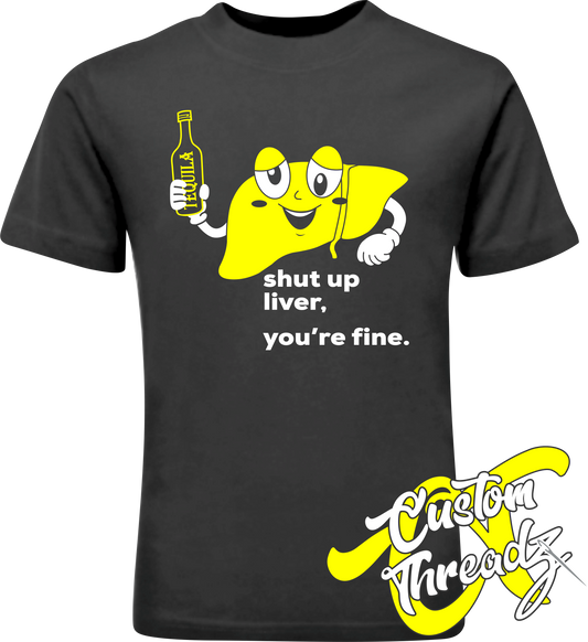 black tee with tequila shut up liver DTG printed design