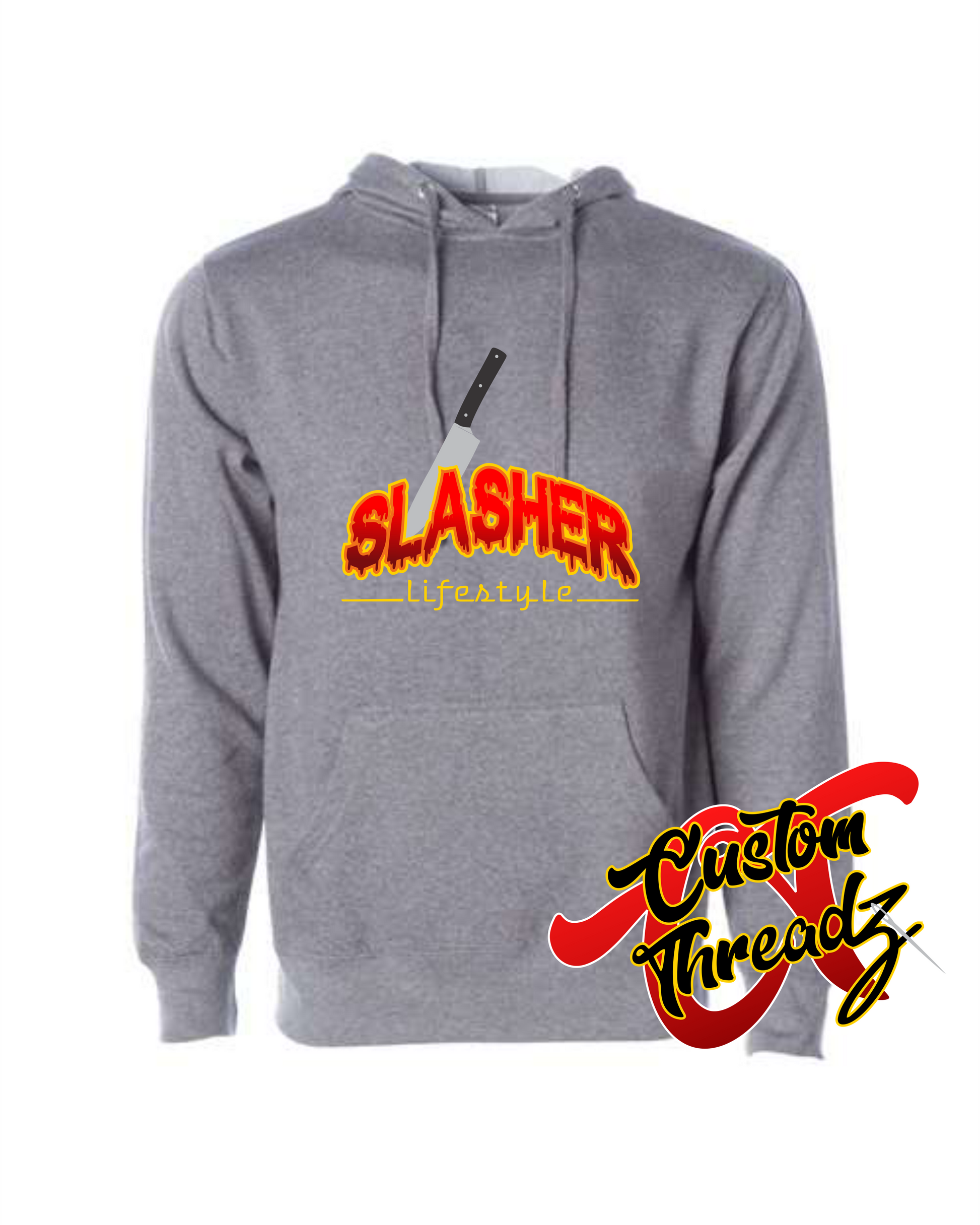 gunmetal grey hoodie with halloween slasher thasher DTG printed design