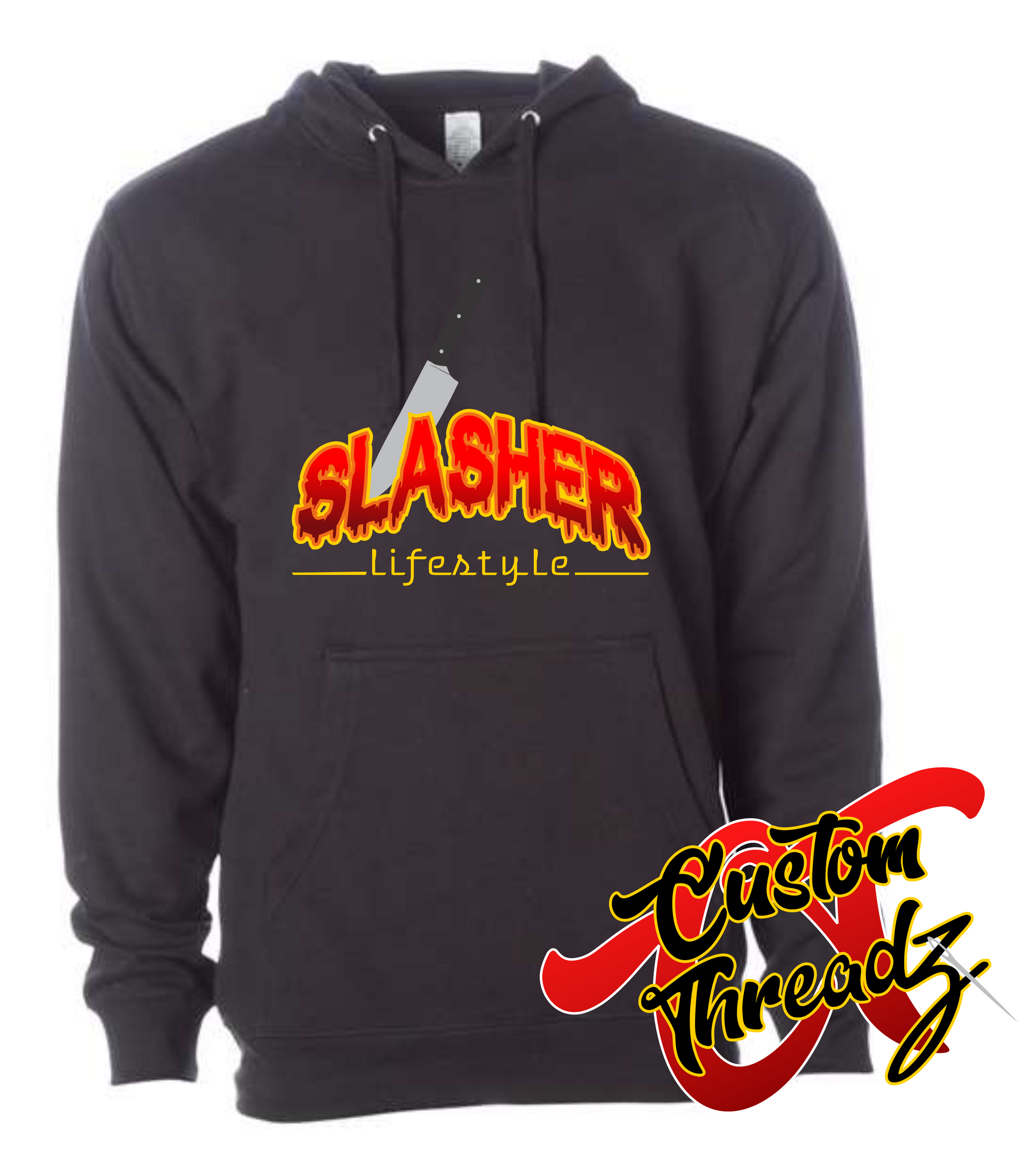 black hoodie with halloween slasher thasher DTG printed design