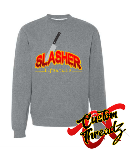 gunmetal grey crewneck sweatshirt with halloween slasher thasher DTG printed design