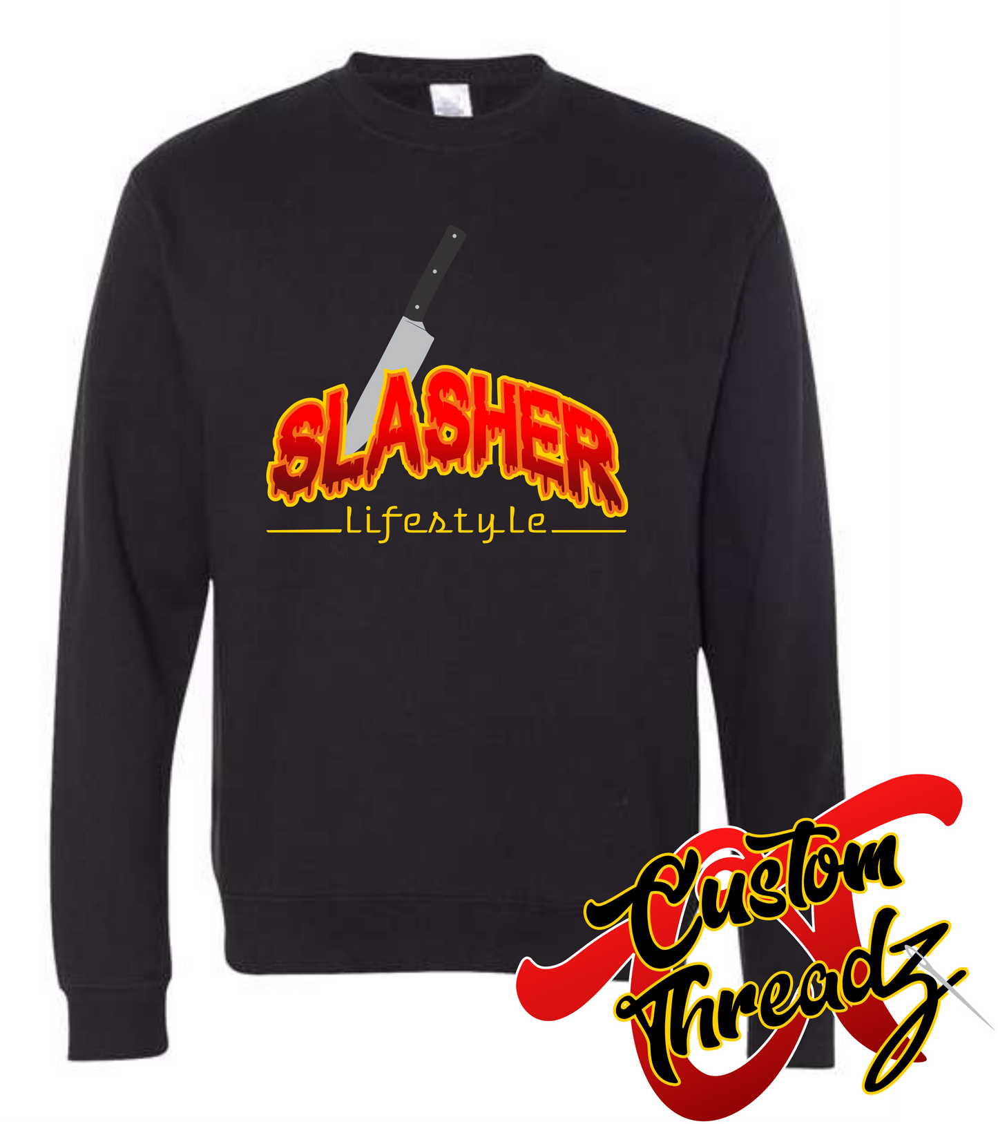 black crewneck sweatshirt with halloween slasher thasher DTG printed design
