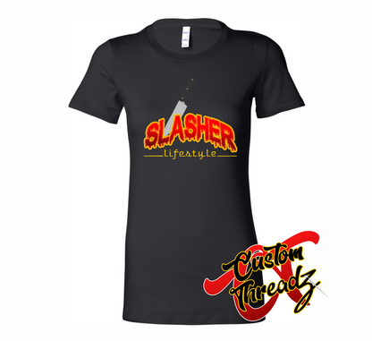 womens black tee with slasher thrasher halloween DTG printed design