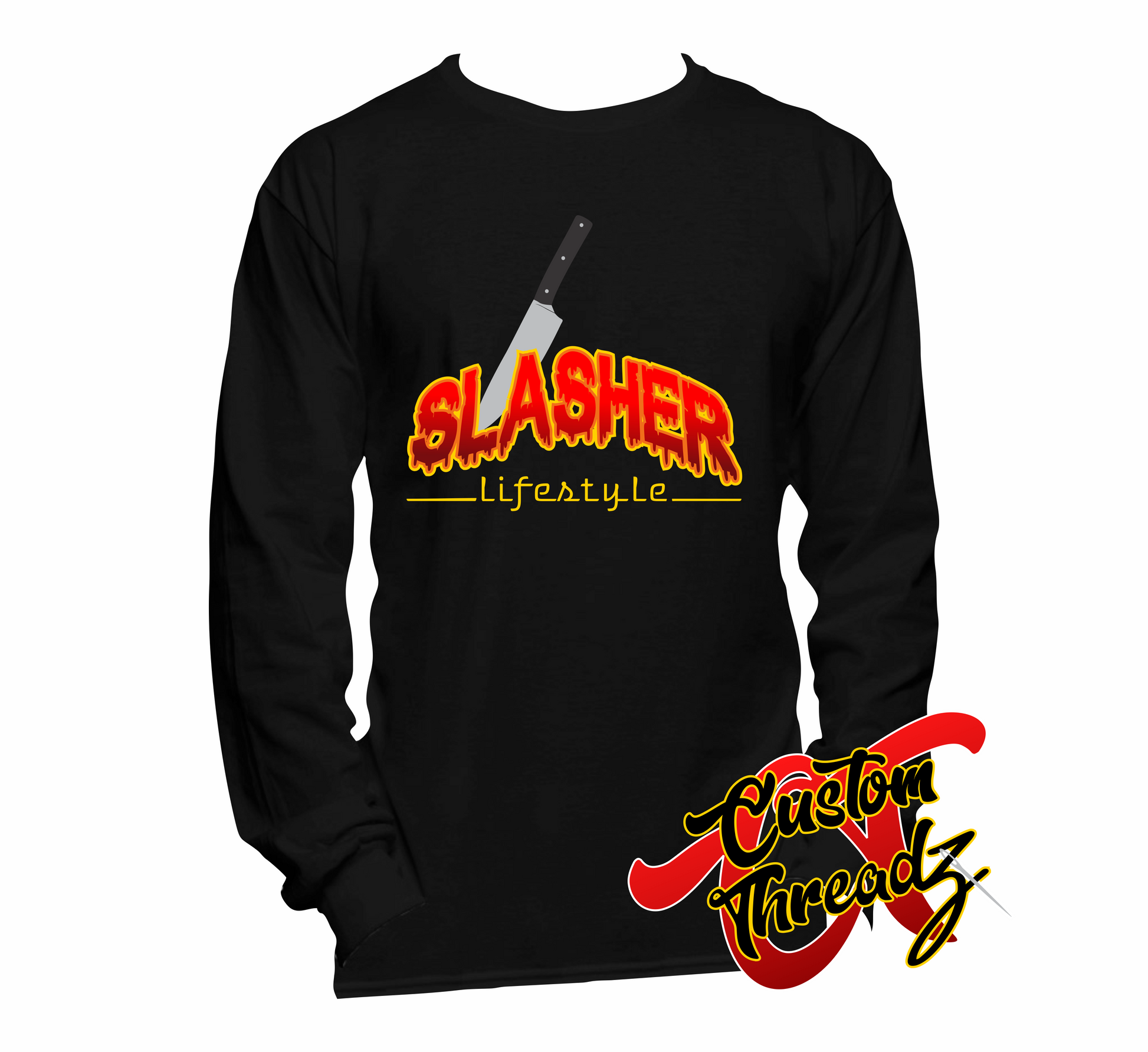 black long sleeve tee with halloween slasher thrasher lifestyle DTG printed design