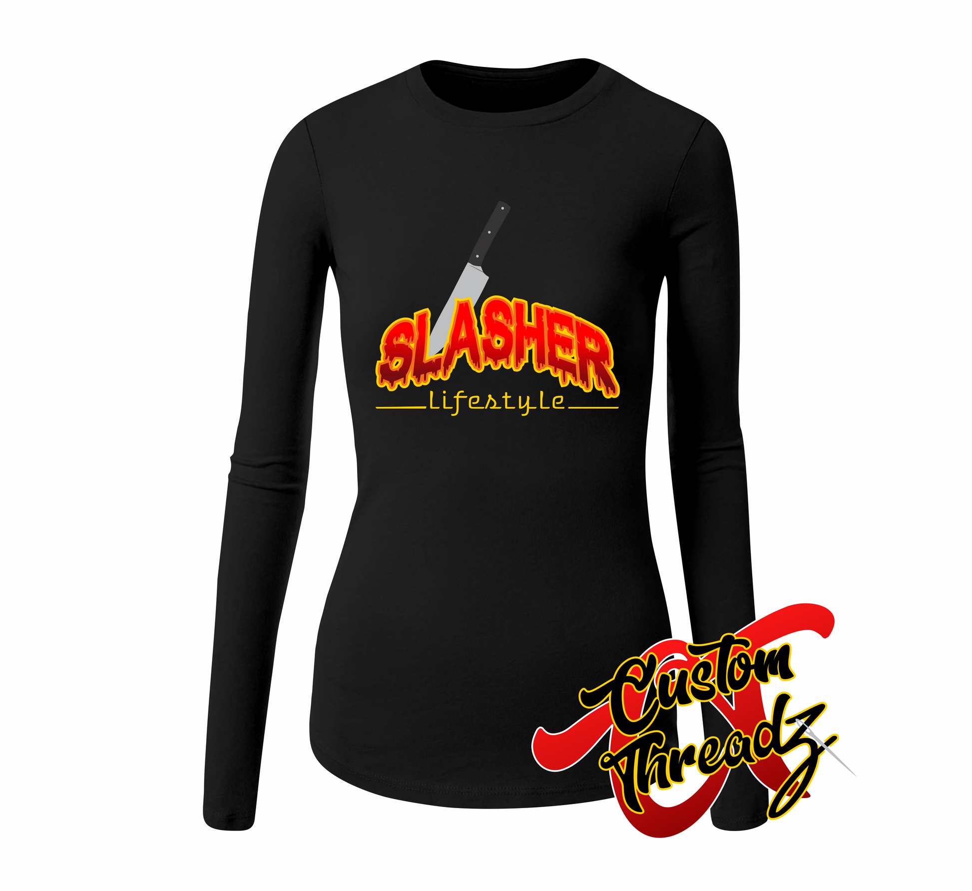 black womens long sleeve tee with slasher thrasher halloween DTG printed design