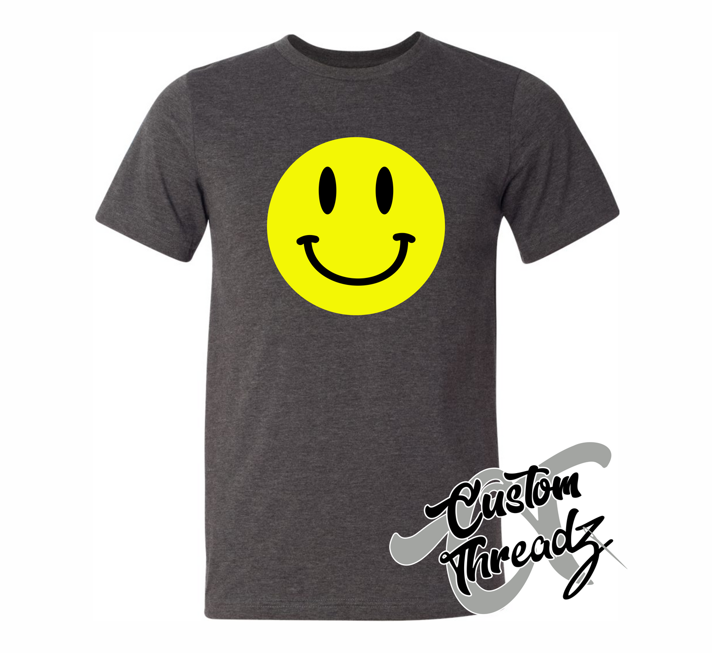 dark grey heather tee with smiley face DTG printed design