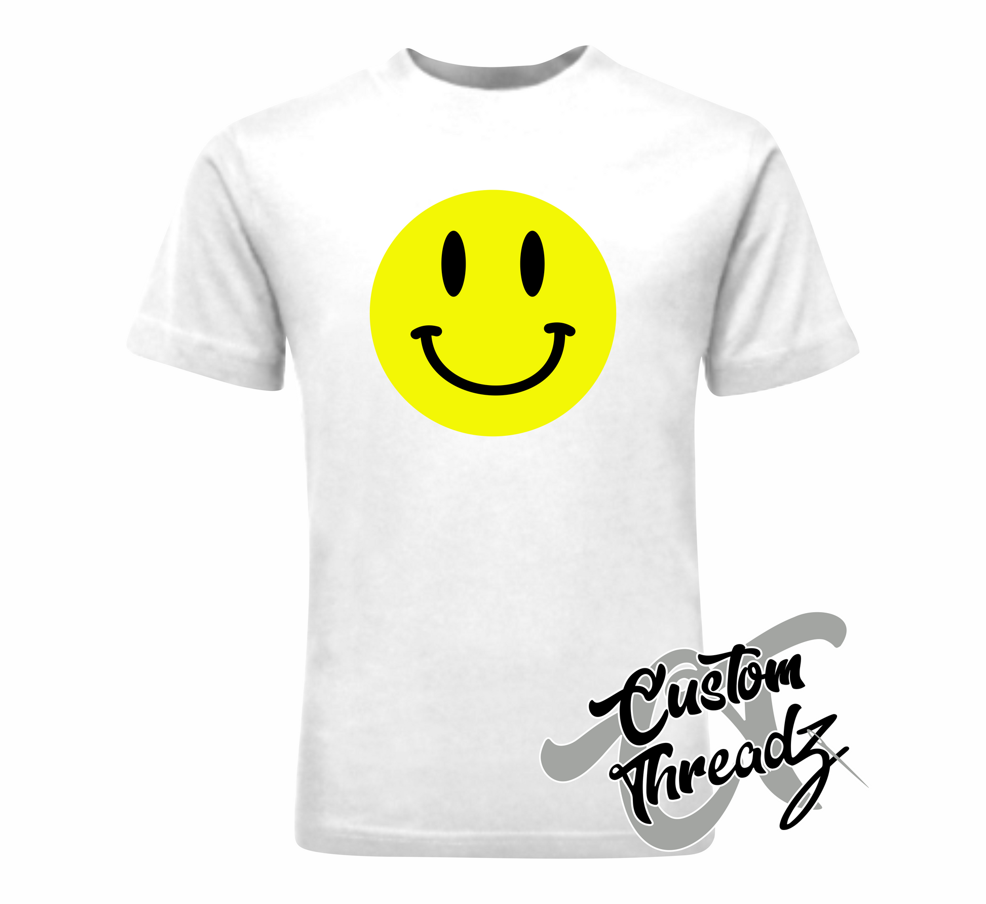 white tee with smiley face DTG printed design