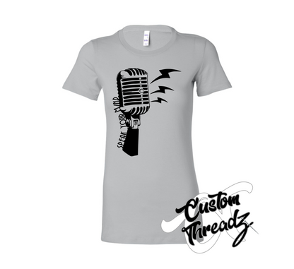silver womens tee with speak your mind microphone DTG printed design
