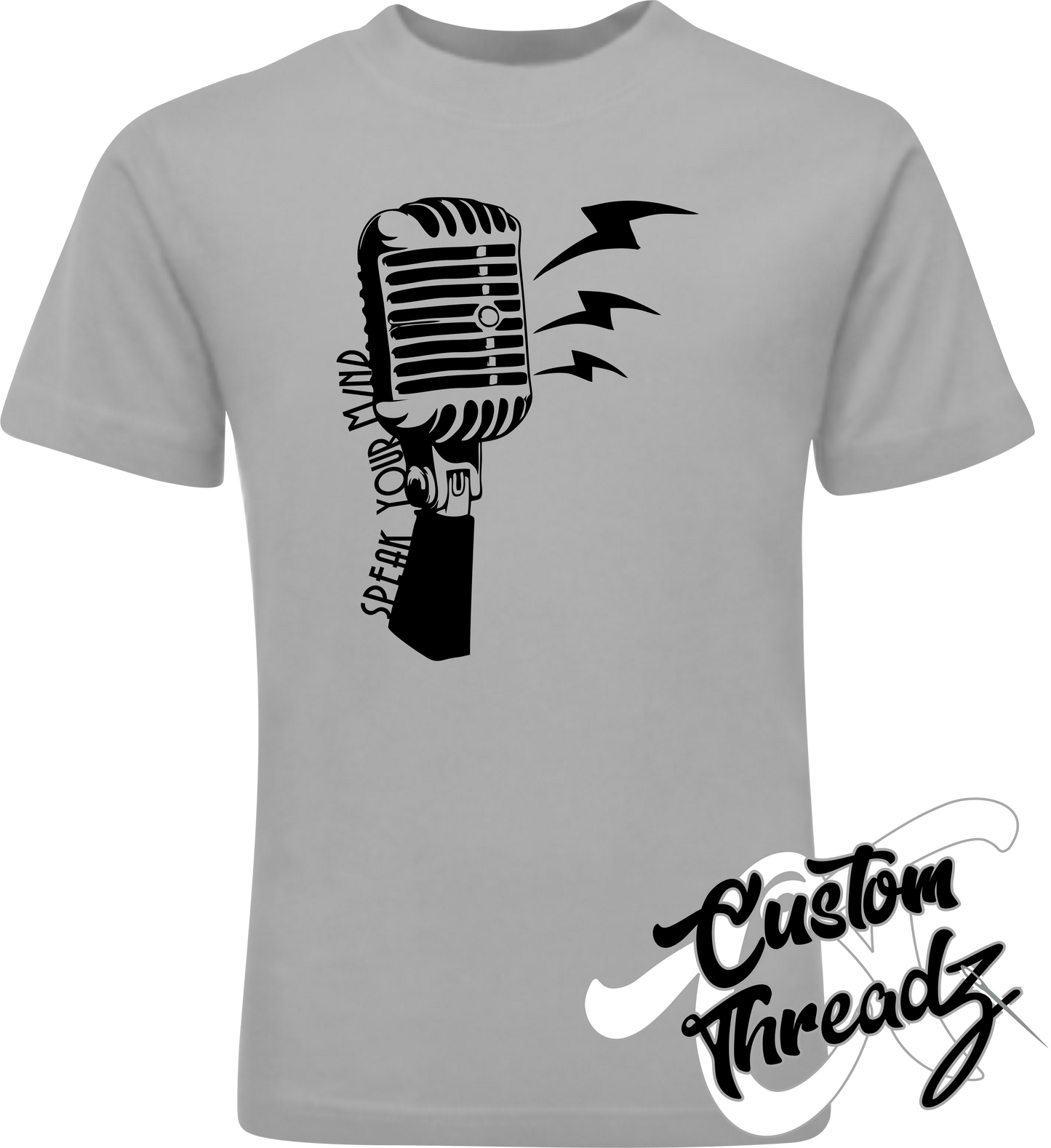 silver youth tee with speak your mind microphone DTG printed design