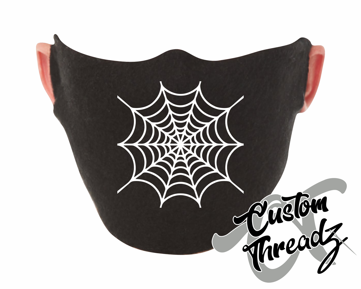 black face mask with spiderweb DTG printed design