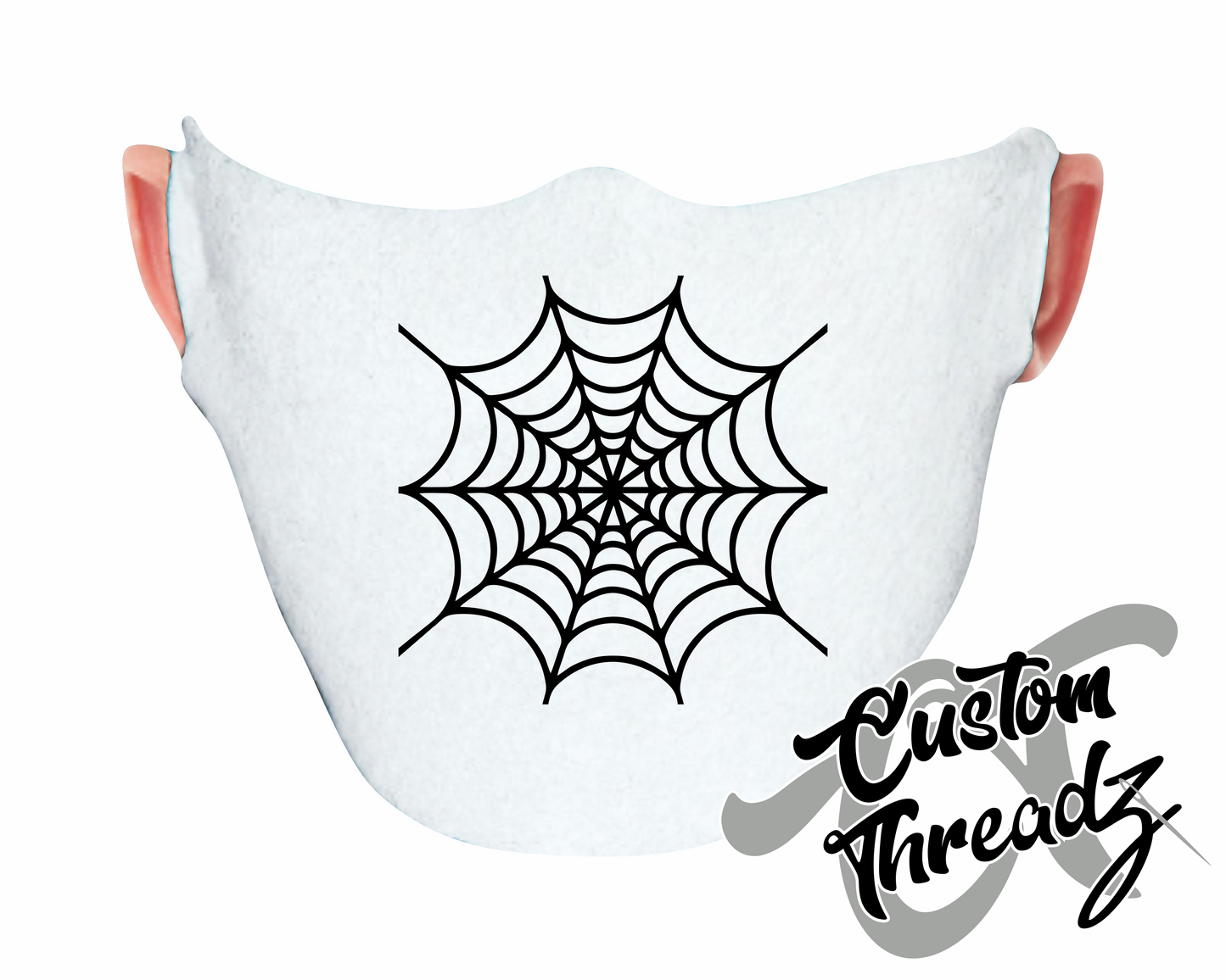 white face mask with spiderweb DTG printed design